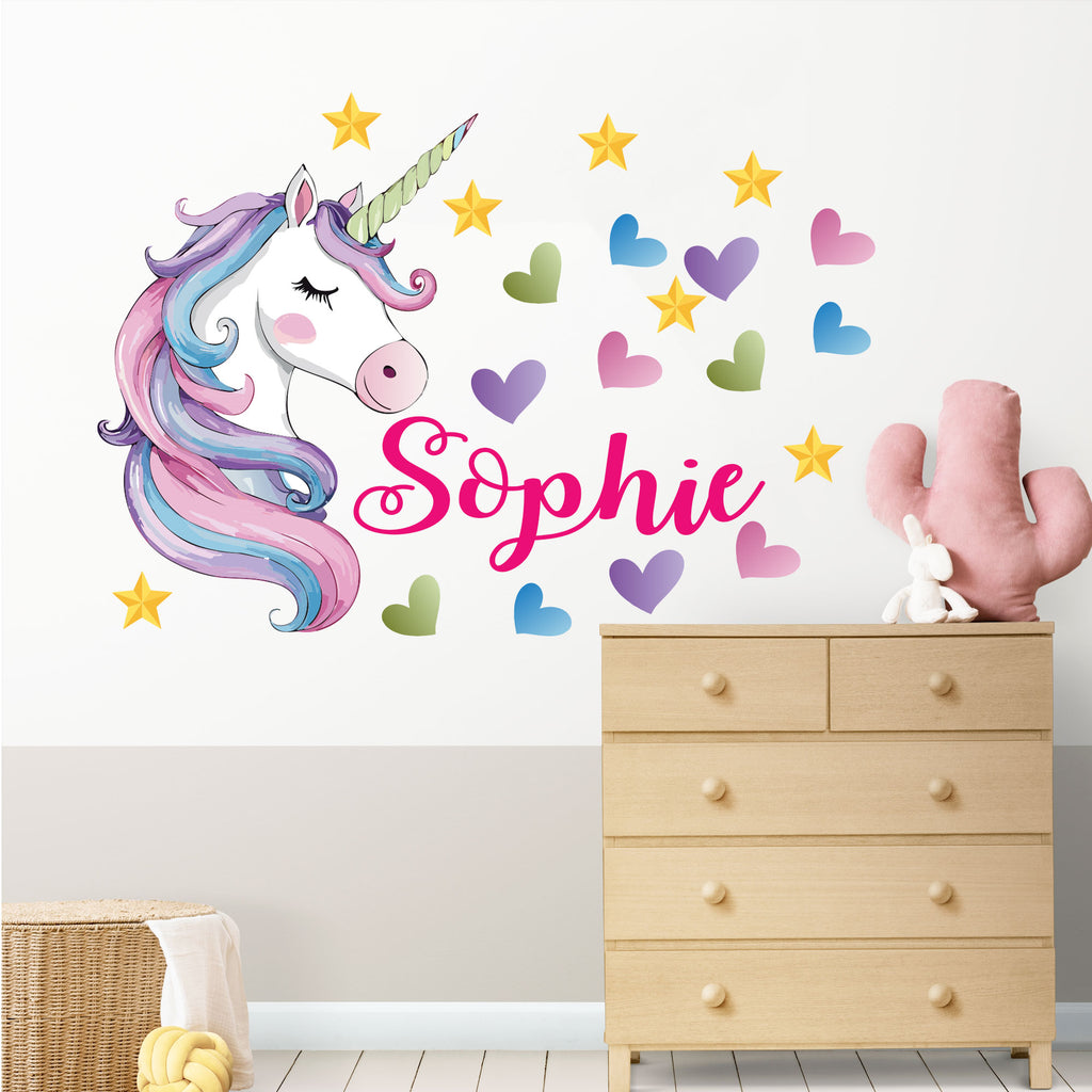 Persinalised Unicorn Wall decals Multicolour Hearts Stars