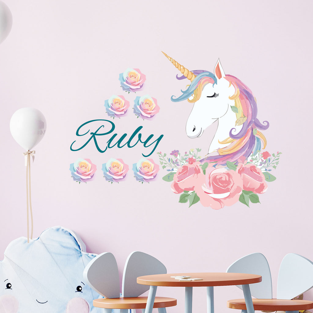 Personalised Rose Floral Unicorn Wall Stickers