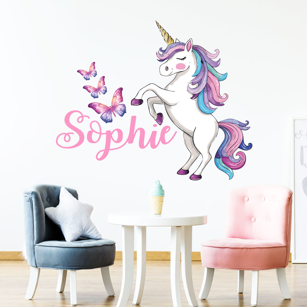 Personalised Jumping Unicorn Wall Stickers with Butterfly