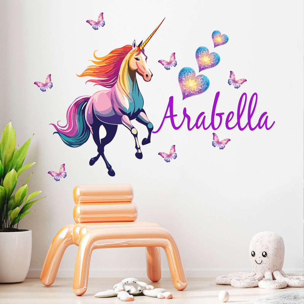 Custom Colourful Hearts Running Unicorn Wall Stickers